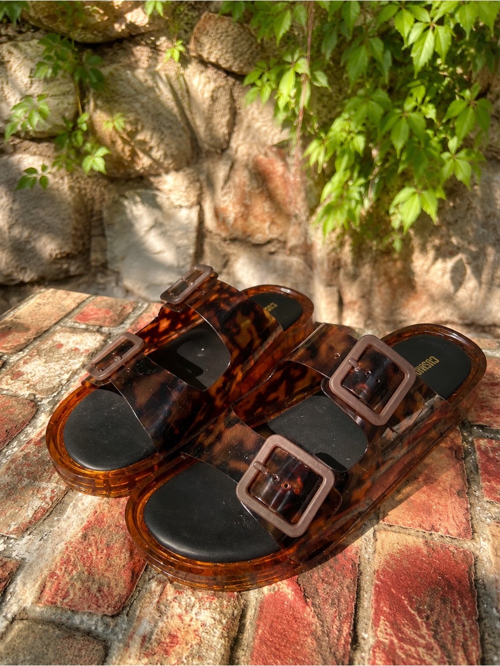 CUSHIONAIRE Tortoise Double Buckle Jelly Slide Sandals, 11